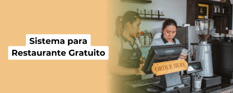 Restaurante moderno com sistema de gerenciamento de pedidos gratuito em computador no balcão, mostrando ícones coloridos e terminal de pagamento.