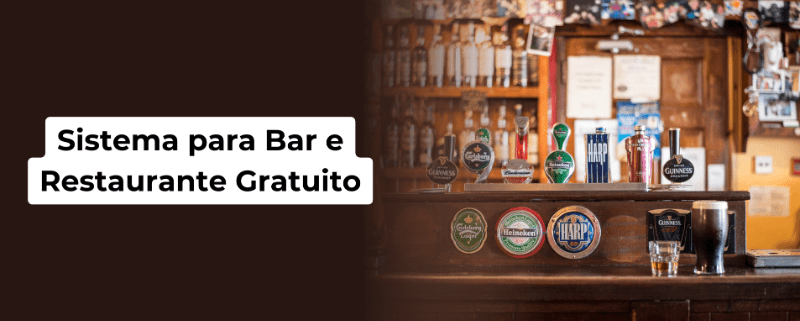 Bar elegante com balcão de madeira escura, garçom sorridente atendendo clientes e terminais de pagamento modernos nas mesas, para sistema gratuito.