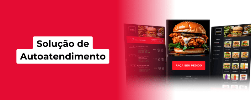 Interior de um restaurante moderno com quiosque de autoatendimento e clientes utilizando o terminal touch.